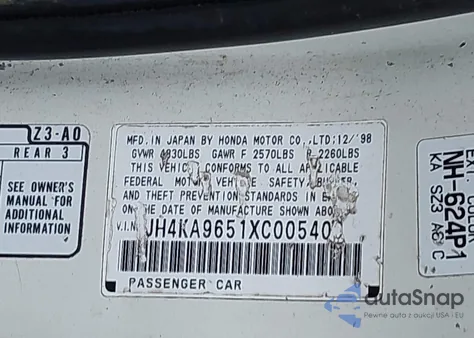 1999 Acura Rl 3.5 z USA, uszkodzony, nr VIN JH4KA9651XC005406